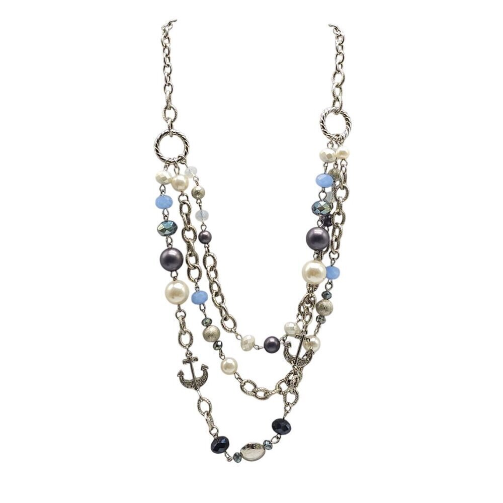 RMN Triple Strand Nautical Faux Pearl Beaded Chain Necklace